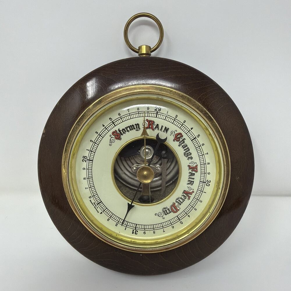 Vintage Aneroid Barometer Made In West Germany Wood And Brass Untested